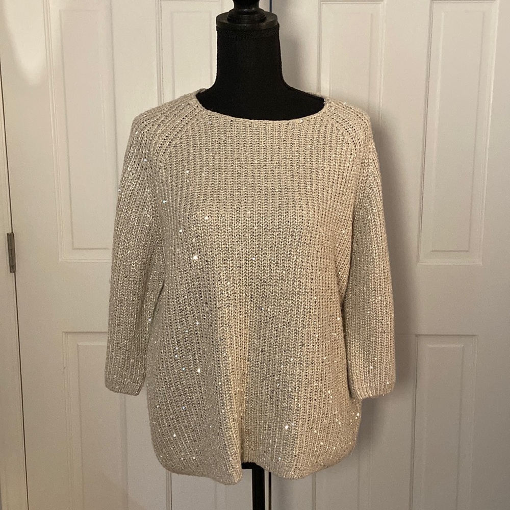 ZARA Knit Top with 3/4 sleeve with sequins, size L, cream color